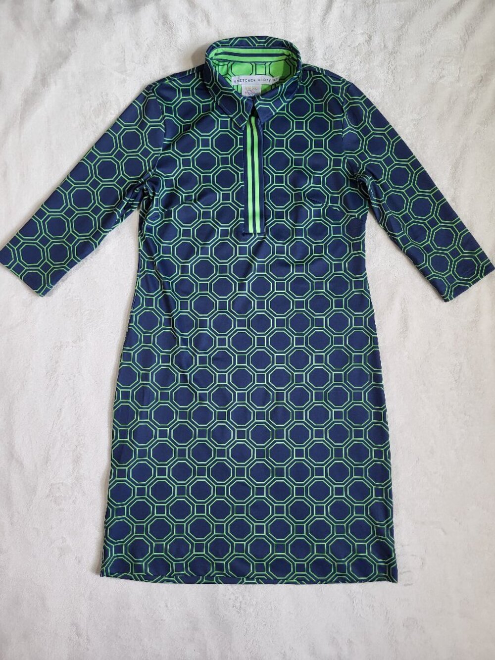Gretchen Scott Blue Green Geometric Shift Dress 3/4 Sleeve Size M